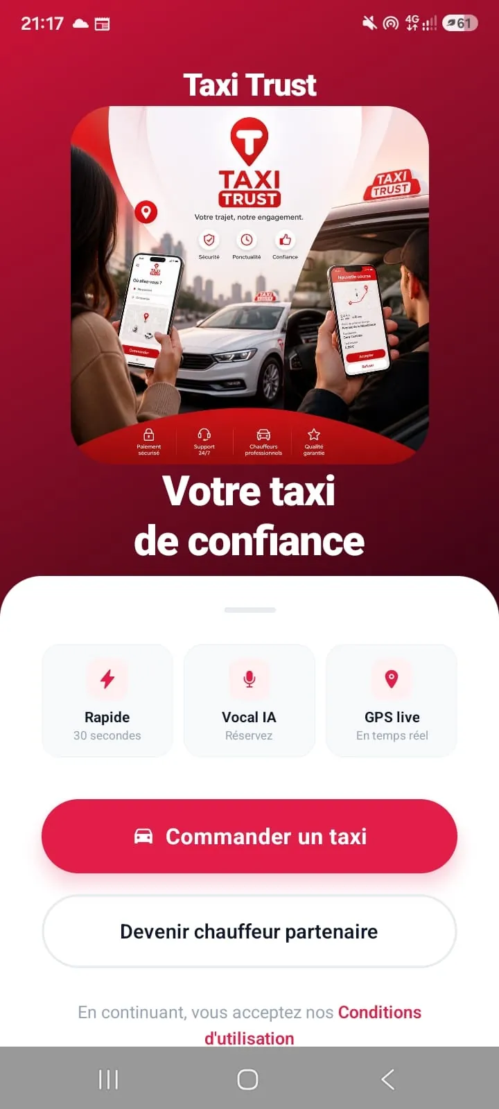 Écran d’accueil de Taxi Trust : « Votre taxi de confiance »