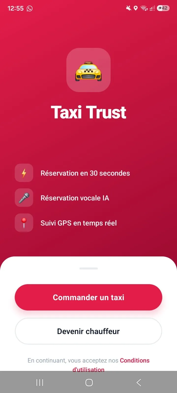 Écran de démarrage de Taxi Trust : réservation, voix et suivi GPS